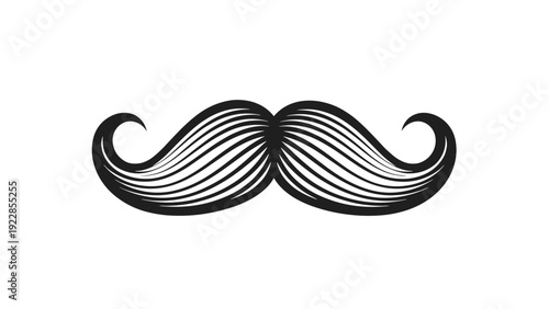 Classic black handlebar mustache illustration with curly ends and fine line texture representing gentleman style and grooming.