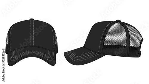 Front and side profile view of a plain black trucker mesh cap with white stitching details on a white background.