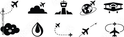 Airplane travel icons set, aviation flight routes, airport navigation symbols, world tourism, transport infographic, black vector illustration, isolated, minimal, design