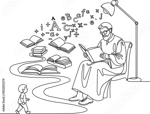 Continuous line drawing of a small child walking along a curved path, the path line gradually shaping into letters, books, and finally forming a confident scholar reading under a lamp