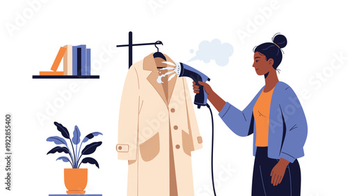 Young woman in a blue cardigan using a modern handheld steamer to remove wrinkles from a beige winter coat on a hanger.