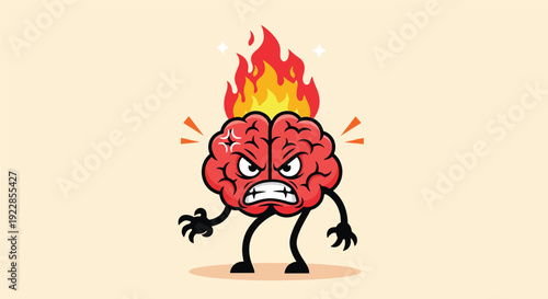 Angry Brain on Fire Cartoon Character Vector.