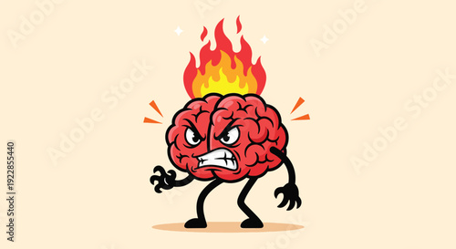 Angry Brain on Fire Cartoon Character Vector Illustration.