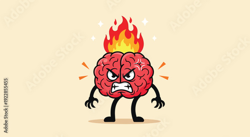 Angry Brain on Fire Cartoon Character.