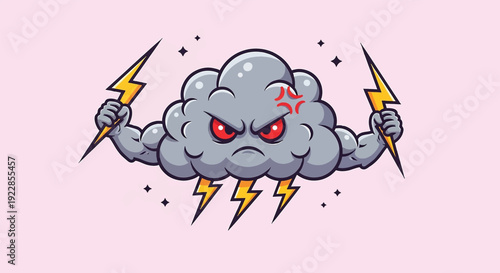 Angry Storm Cloud Character Holding Lightning Bolts.