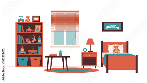 Well organized and cozy child's bedroom featuring a single bed bookshelf filled with toys and a small study table.