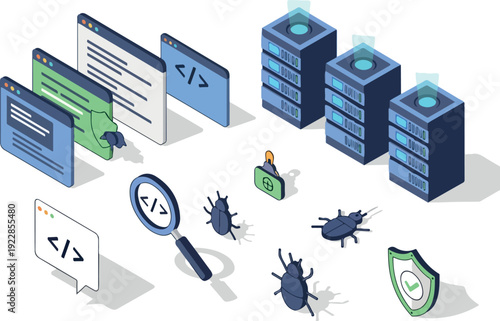 Cybersecurity illustration depicting servers, coding, and threat detection from an overhead viewpoint