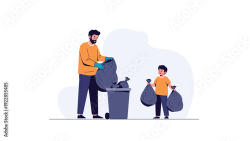 Father and young son working together to put black trash bags into a grey waste bin teaching responsibility and community service.