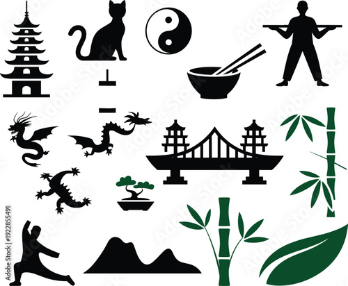 Black and green asian inspired silhouettes on white background chinese japanese