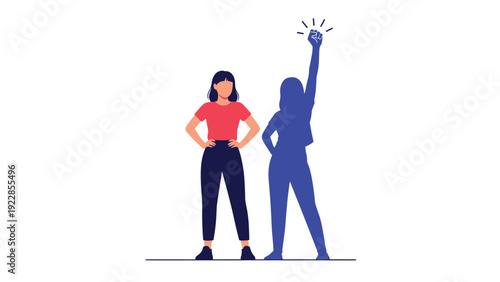 Courageous woman standing confidently with her powerful blue shadow showing a raised fist symbol of strength and protest.