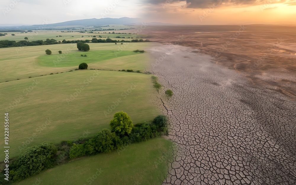 Fototapeta premium Split landscape showing lush green fields contrasting with cracked dry earth under dramatic sky