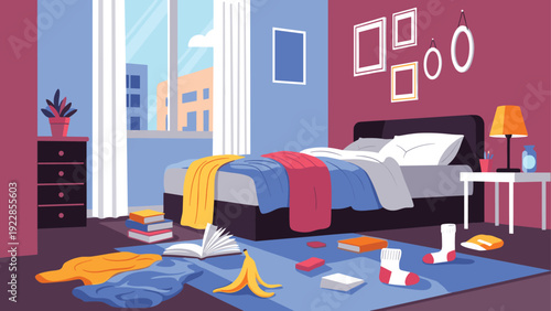 Messy teenage bedroom interior with unmade bed clothes scattered on the floor and a banana peel on a blue rug.