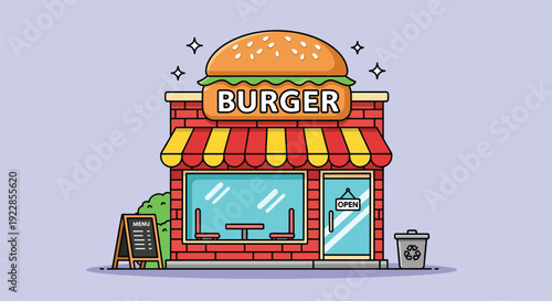 Cartoon Burger Restaurant Building Exterior with Sign.