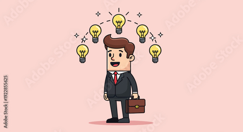 Businessman with Many Bright Ideas Illuminated Above His Head.