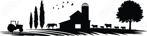 Black silhouette of farm with tractor and barn and cows horse