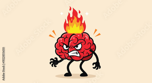 Cartoon Brain on Fire with Angry Expression.