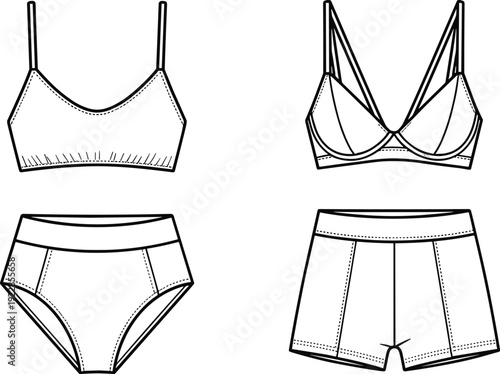 Women’s underwear and bralette set technical fashion flat sketch vector illustration, bra top, panties and shorts front view outline template