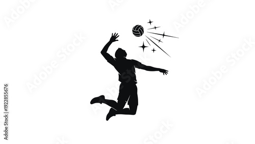 Black silhouette of a volleyball player jumping high to spike a ball with decorative stars and action lines in a minimal design.