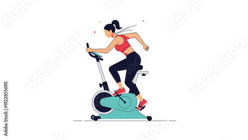 Determined woman working out intensely on a modern indoor exercise bike in a gym or home fitness studio environment.