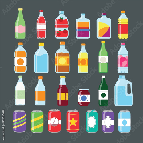 flat vector drink and beverage icon set bottles and cans