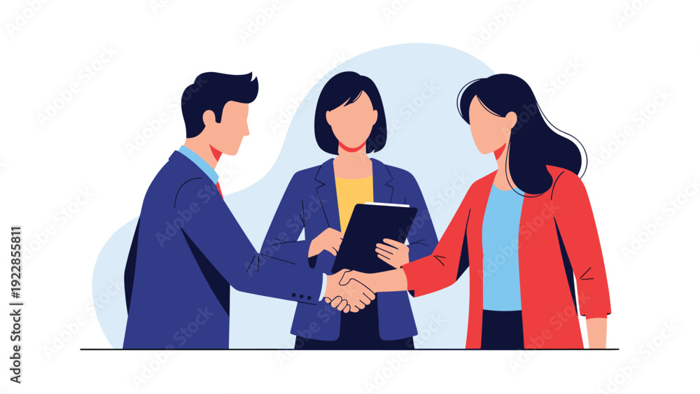 Fototapeta premium Professional business partners shaking hands after successful negotiation while colleague stands by with a clipboard in office environment.