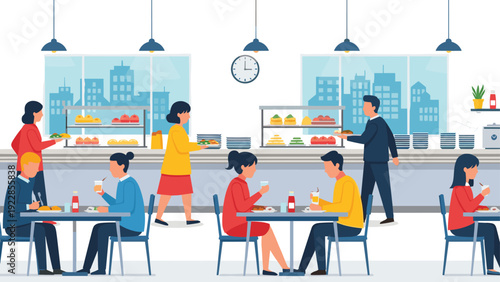 Busy modern cafeteria scene with diverse people sitting at tables eating and standing in line at the food buffet station.