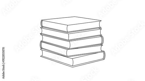 Minimalist black and white line art illustration of five thick hardcover books stacked neatly on top of each other in a pile.