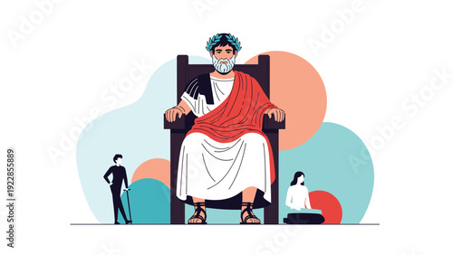 Powerful ancient roman emperor sitting on a majestic throne wearing a laurel wreath and traditional red and white toga robes.