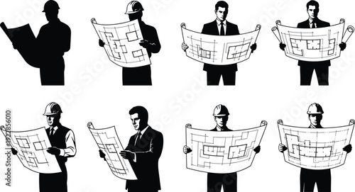 Architects engineers and businessmen reading construction blueprints planning building project vector silhouette illustration set isolated