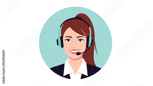 Smiling professional woman working in a call center wearing a headset for customer service and communication on a blue background.