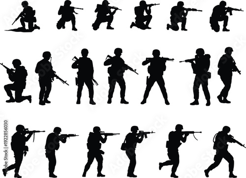 Armed soldier silhouette vector set featuring military troops in kneeling standing and aiming combat action poses