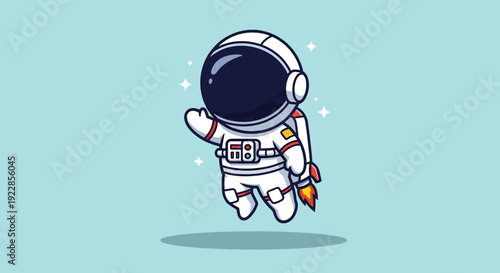 Cute Astronaut Floating in Space with Rocket Pack.
