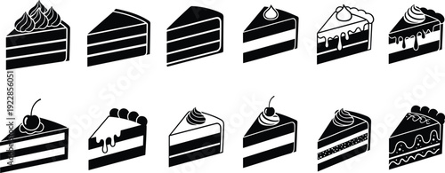 Cake slice icon set bakery dessert collection sweet pastry chocolate cream food vector illustration isolated