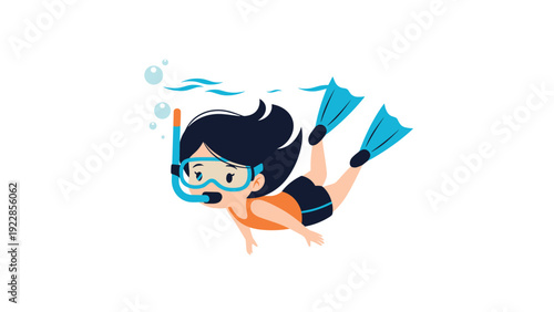 Cute cartoon girl snorkeling underwater wearing goggles and fins swimming through blue water with bubbles rising to the surface.