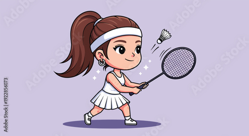 Cute Badminton Player Girl Cartoon Vector Illustration.