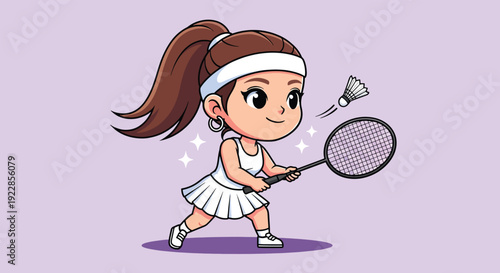 Cute Badminton Player Girl Cartoon Illustration.