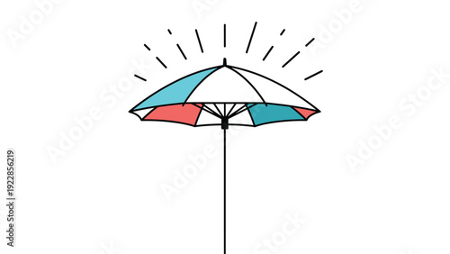 Brightly colored beach umbrella with red white and blue panels reflecting the sun's rays for summer vacation and sun protection.