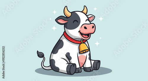 Cute cartoon cow sitting happily with a bell around its neck Vector.