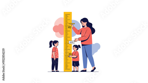 Kind teacher or mother measuring the height of two young girls using a tall wooden stadiometer scale against a soft background.