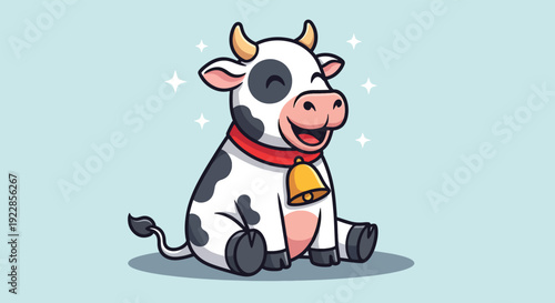Cute cartoon cow sitting happily with a bell around its neck Vector Illustration.