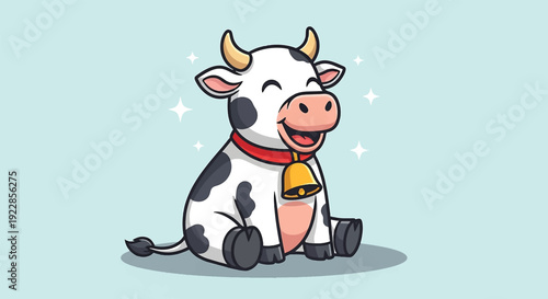 Cute cartoon cow sitting happily with a bell around its neck.