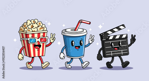 Cute Cartoon Popcorn Soda and Clapperboard Characters Walking Together Vector Illustration.