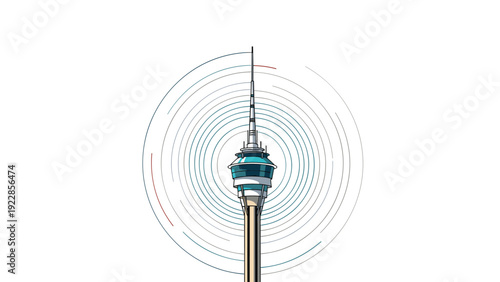 Tall telecommunications tower emitting radio waves in concentric circles for mobile network coverage and wireless signal transmission.
