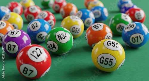 Colorful bingo balls scattered across a vibrant green surface, inviting excitement and anticipation during game night