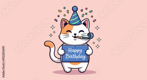 Cute Cat Wearing Party Hat Holding Happy Birthday Sign Illustration.