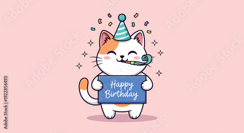 Cute Cat Wearing Party Hat Holding Happy Birthday Sign Vector Illustration.