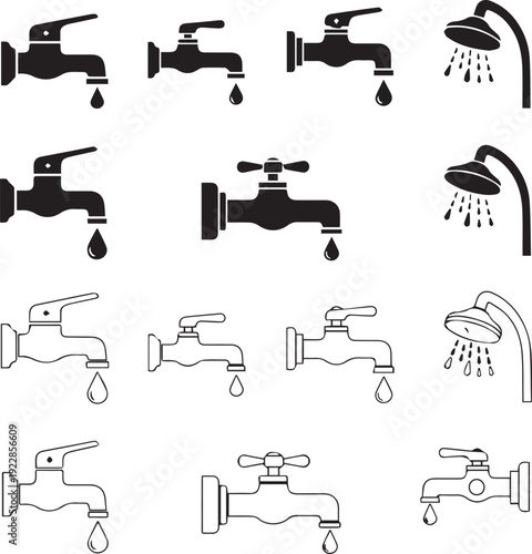Collection of various faucet and shower icons in different styles