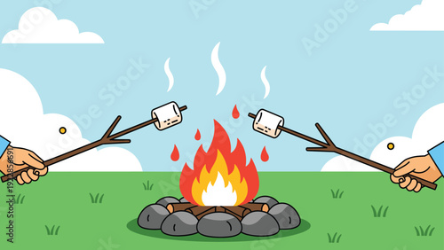 Friends roasting white marshmallows on wooden sticks over a cozy campfire in a green field under a clear blue sky during summer.