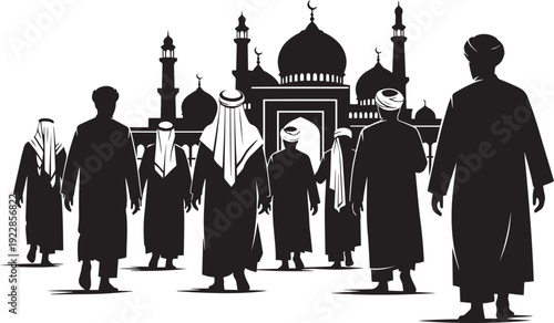 Muslim men walking towards mosque silhouette vector illustration, depicting islamic worship and community, suitable for ramadan kareem and eid mubarak designs