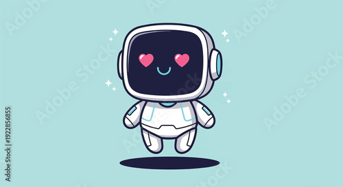Cute Robot Character with Heart Eyes Floating.